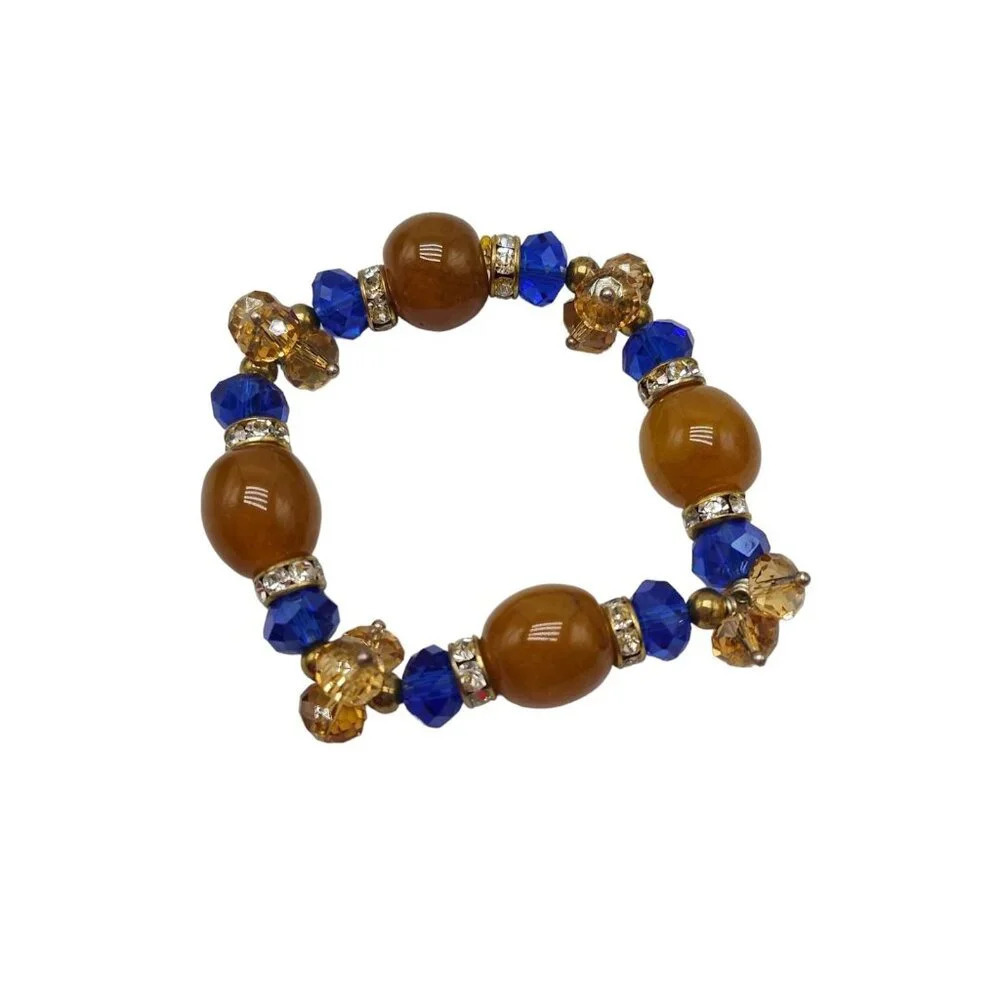 Blue Orange Crystal Orange Polished Tourmaline Beaded Stretchy Bracelet Vintage